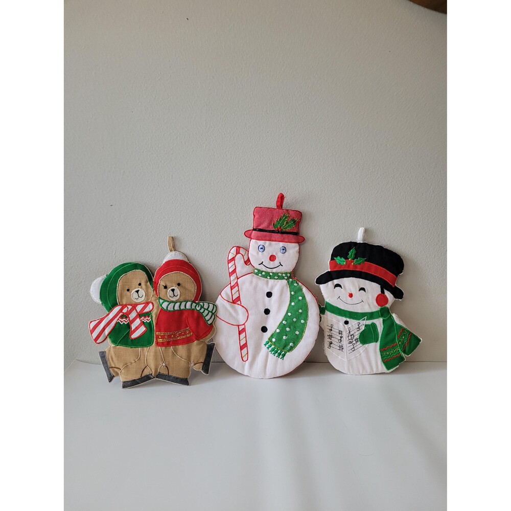 Vintage Handmade Christmas Wall Decor Fabric Snowman Teddy Bear Ornament Hot Pad
